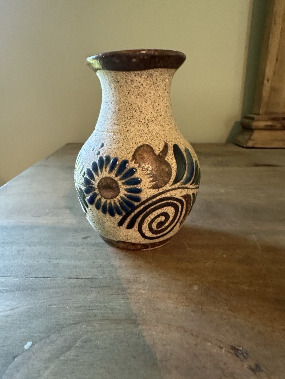 Vintage Mexico Tonala Sandstone Pottery Bud Vase 3.75”T Folk Art
